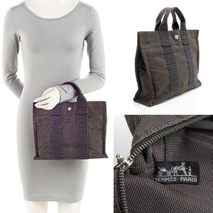 HERMES Canvas Herline PM Tote Handbag Grey H Web Stripes